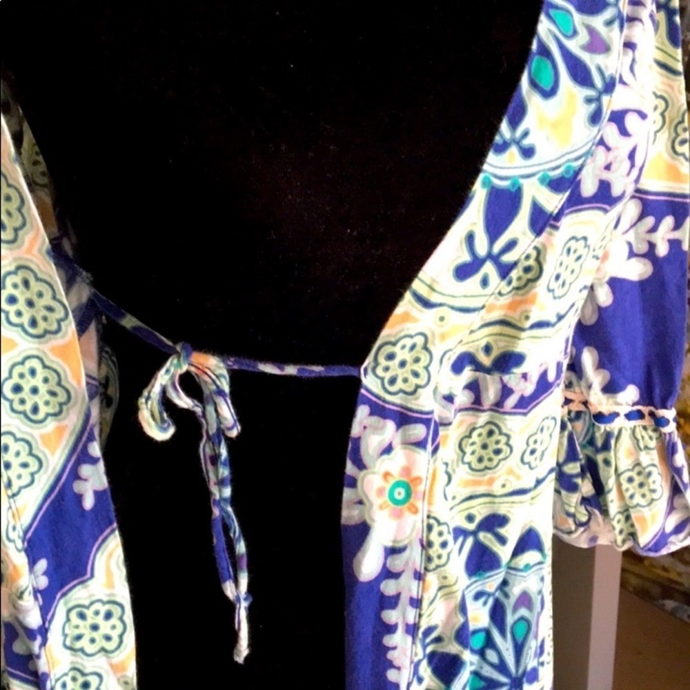ANTHRO LILKA ANTHROPOLOGIE BOHO LONG SLEEVE DRESS BLUE GREEN RUFFLE COVERUP ROBE - Picture 5 of 9